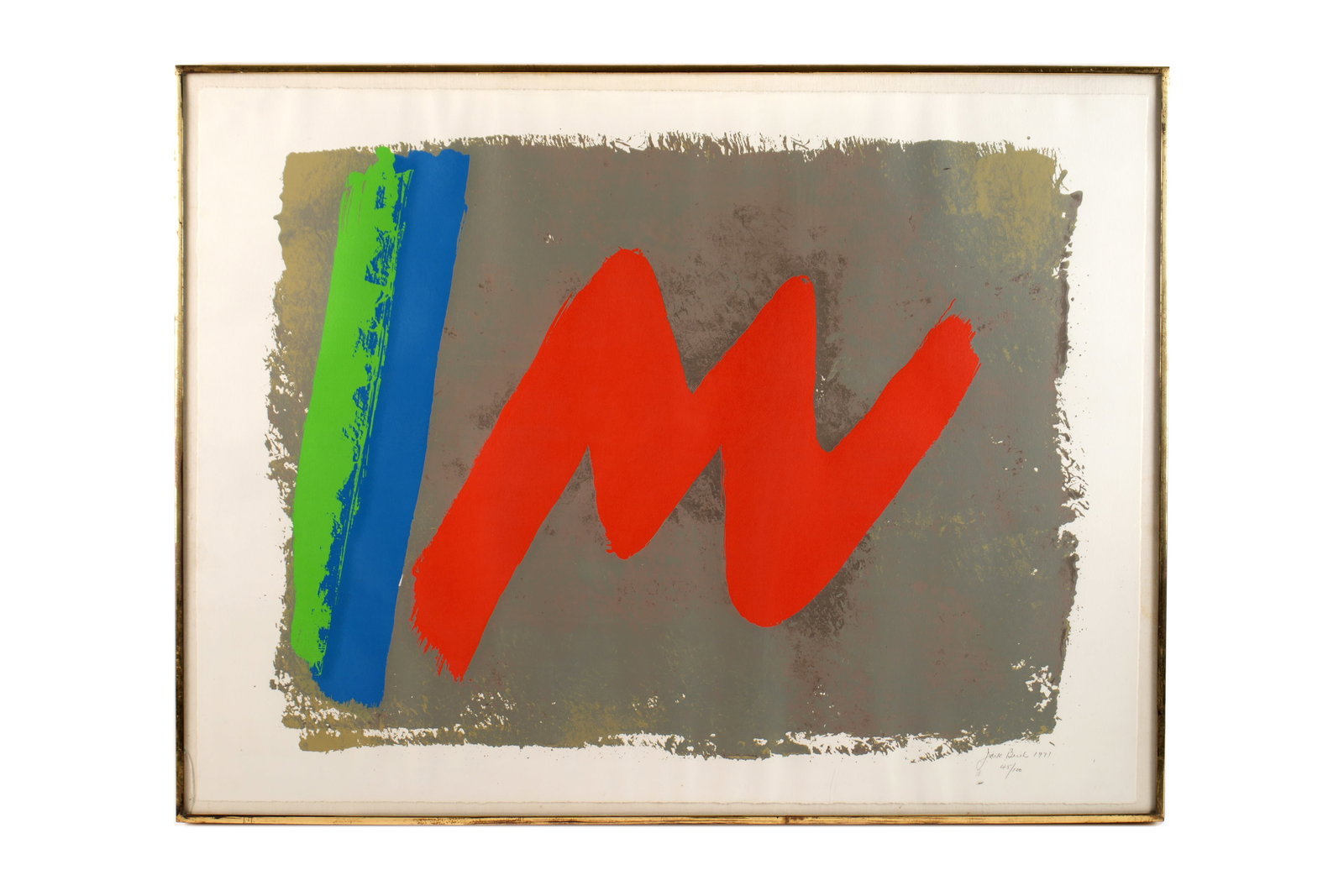 1971 Jack Bush Red M Silkscreen: BUSH, Jack Hamilton, (Canadian, 1909-1971): "Red M", Silkscreen on Paper, signed dated 1971 and numbered 45 / 100 lower right, sheet size 24.5" x 33.5", framed 27" x 35.5". Condition: Minor toning, mi