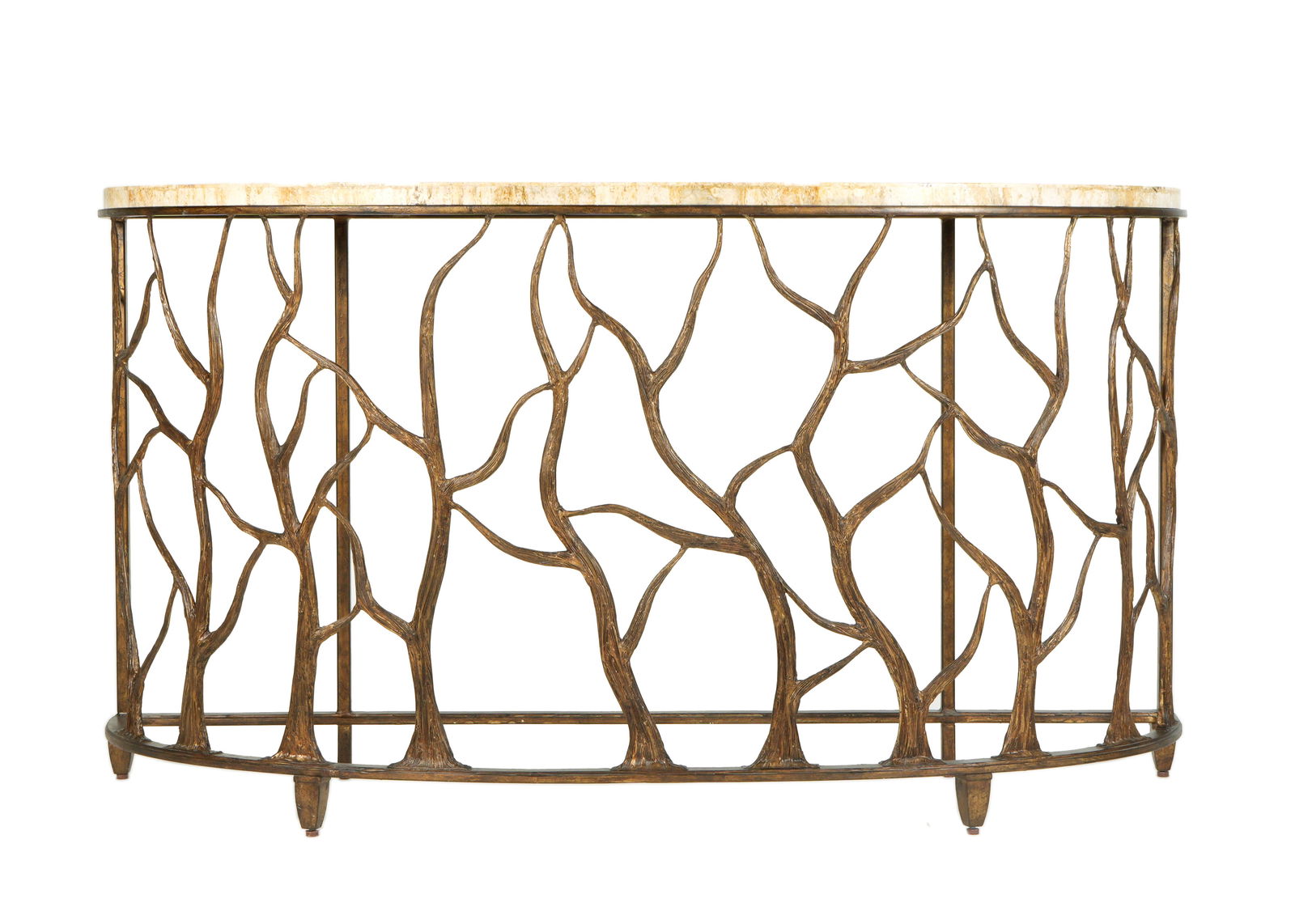 Tommy Bahama Los Altos Travertine Console Table: "Road to Canberra", from the Los Altos Collection by Tommy Bahama, Elongated demilune travertine top, mixed metal branches or twigs design base. On four feet. Overall 34" h. x 62" x 19".