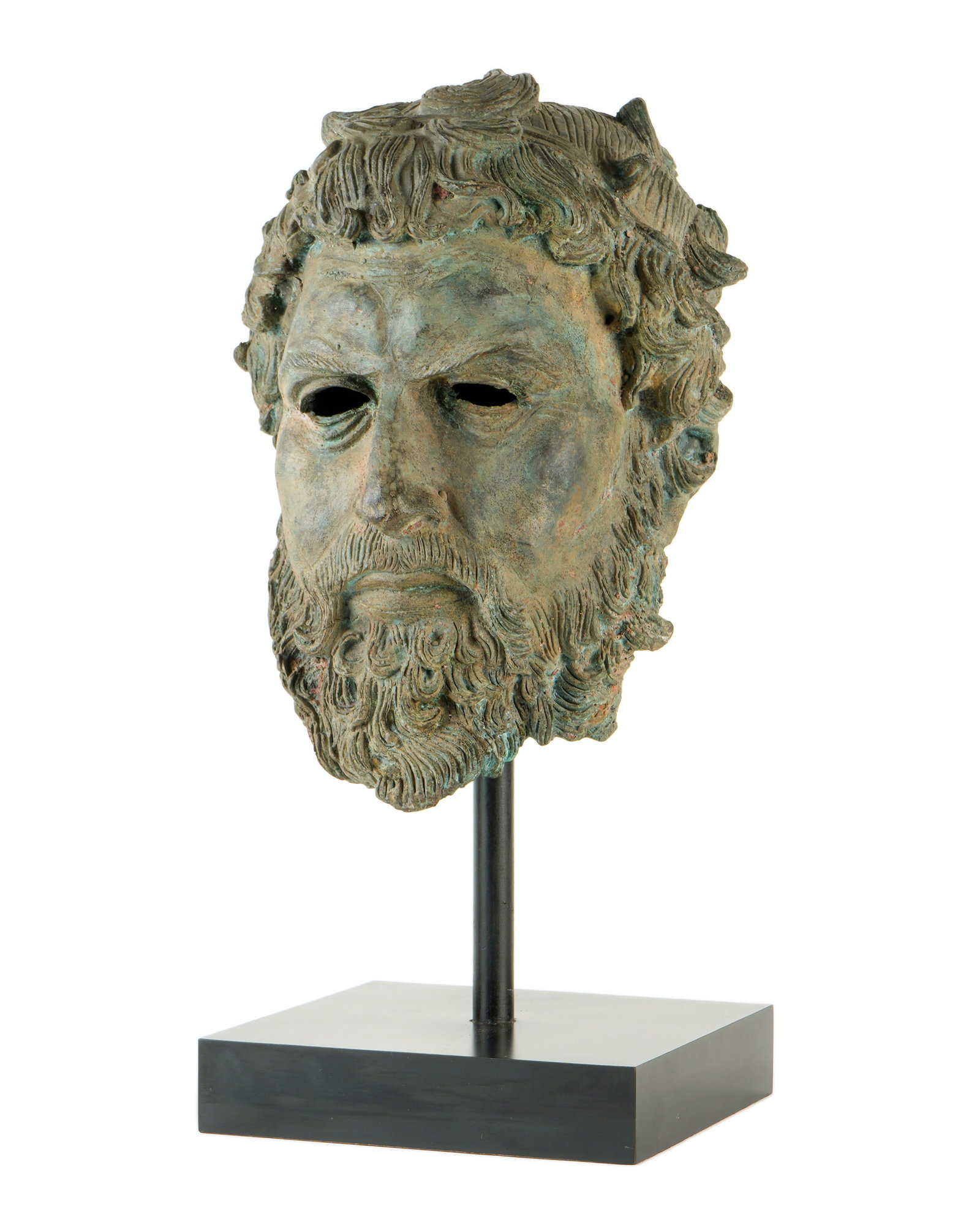 Life Size Bronze Bust of Zeus on Stand: Life size hollow cast patinated bronze bust of Zeus, affixed to wood base stand. Overall 18.5" h. x 8" x 10".