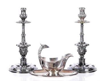 2 Sterling Candlesticks and Christofle Gravy Boat