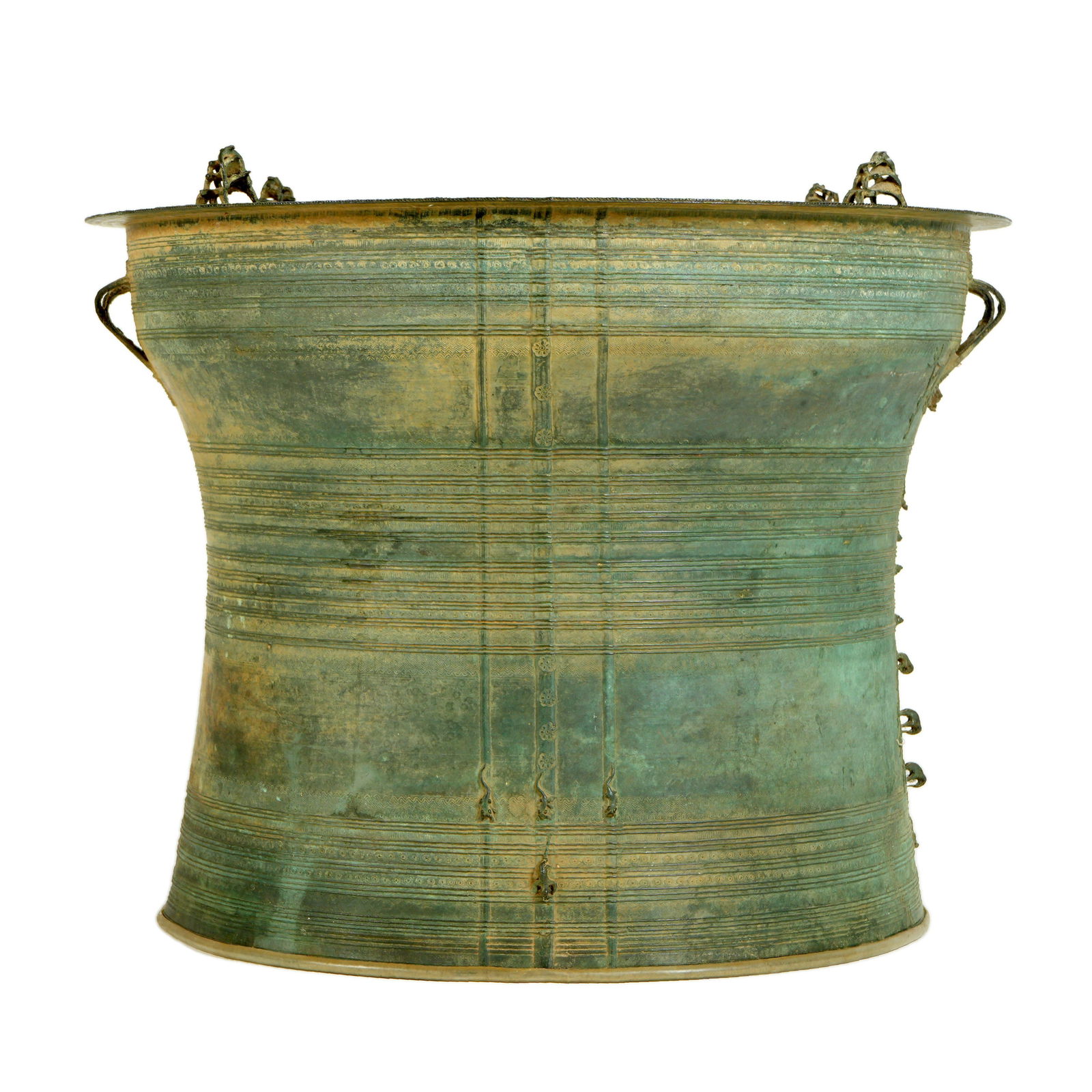 Bronze Burmese / Thailiand / Tibetan Karen Rain Drum: Top with star center, concentric rings, four sets of double frog decoration. Tapered sides with applied handles and graduating elephants. Overall 22" h. x 26.25" top dia. Condition: Verdigris, weather