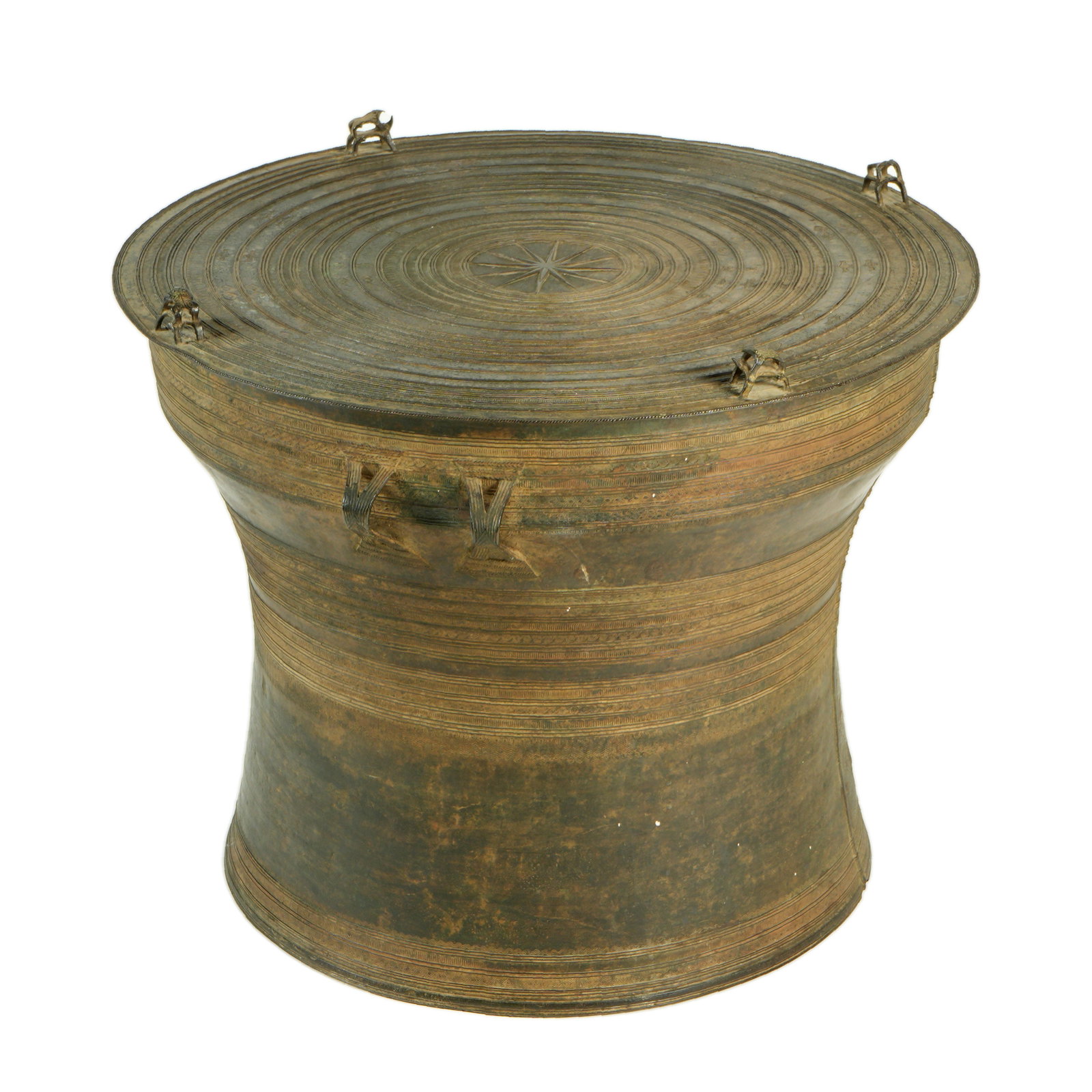 Bronze Burmese / Thailiand / Tibetan Karen Rain Drum: Top with star center, concentric rings, four sets of double frog decoration. Tapered sides with applied handles and graduating elephants. Overall 22" h. x 26.25" top dia. Condition: Verdigris, weather