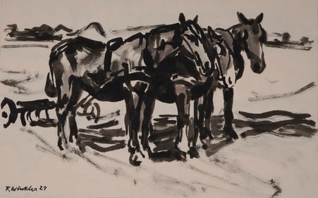 1924 Fritz Winkler Plow Team India Ink Drawing