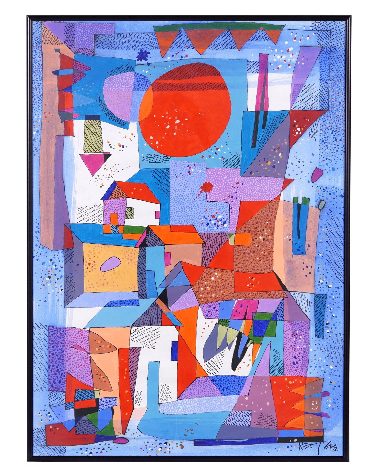 2012 Nestor Vega Abstract Watercolor Painting: NEGRON, Nestor Vega, (Cuban, 21st Century): Untitled abstract with houses, Watercolor on paper, signed and dated 2012 lower right, 27" x 19.25", framed 27.5" x 19.75". Not examined out of frame.