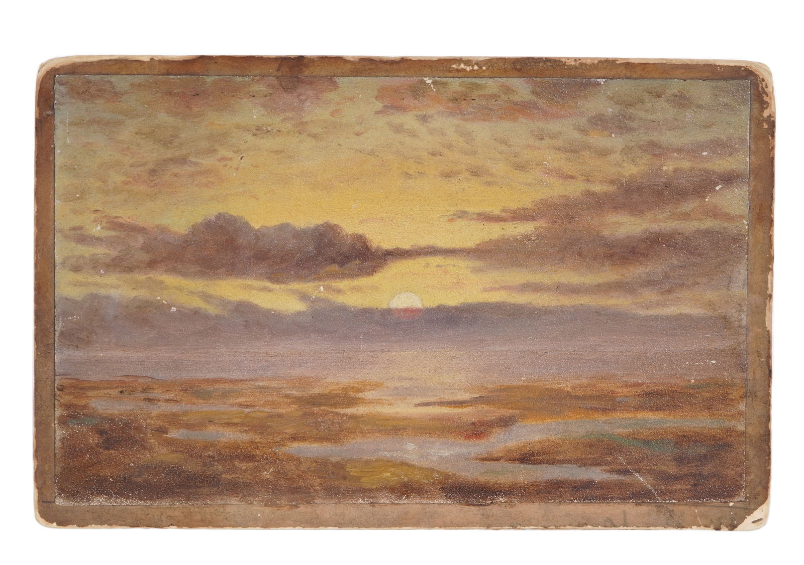 attr John Henry Twachtman Coastal Sunset Painting: attributed TWACHTMAN, John Henry, (American, 1853-1902): Impressionist coastal sunset view, Oil on Canvas laid on Board, signed and dated 1890 verso, other notations verso as well, canvas size 5.5" x