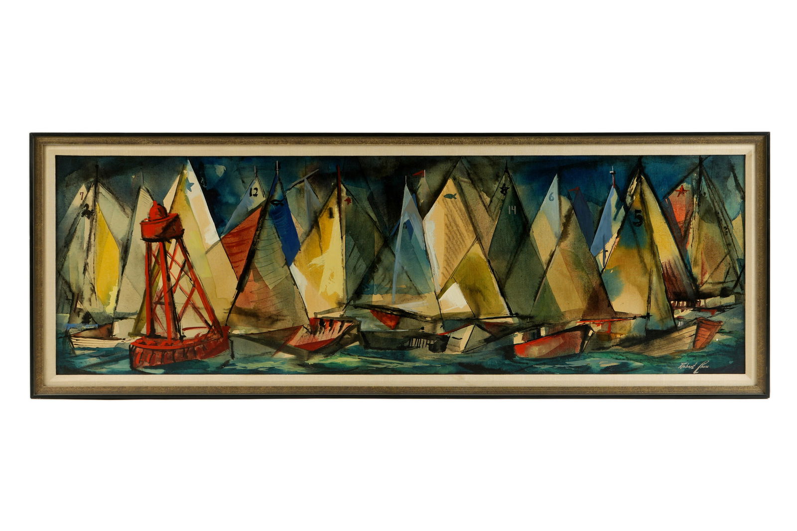 Robert Chase Abstract Nautical Race Painting: CHASE, Robert, (American, 191-2014): Abstract depiction of a sailboat race, Oil on Masonite, signed lower right, 16" x 48", framed 18.25" x 50.25".