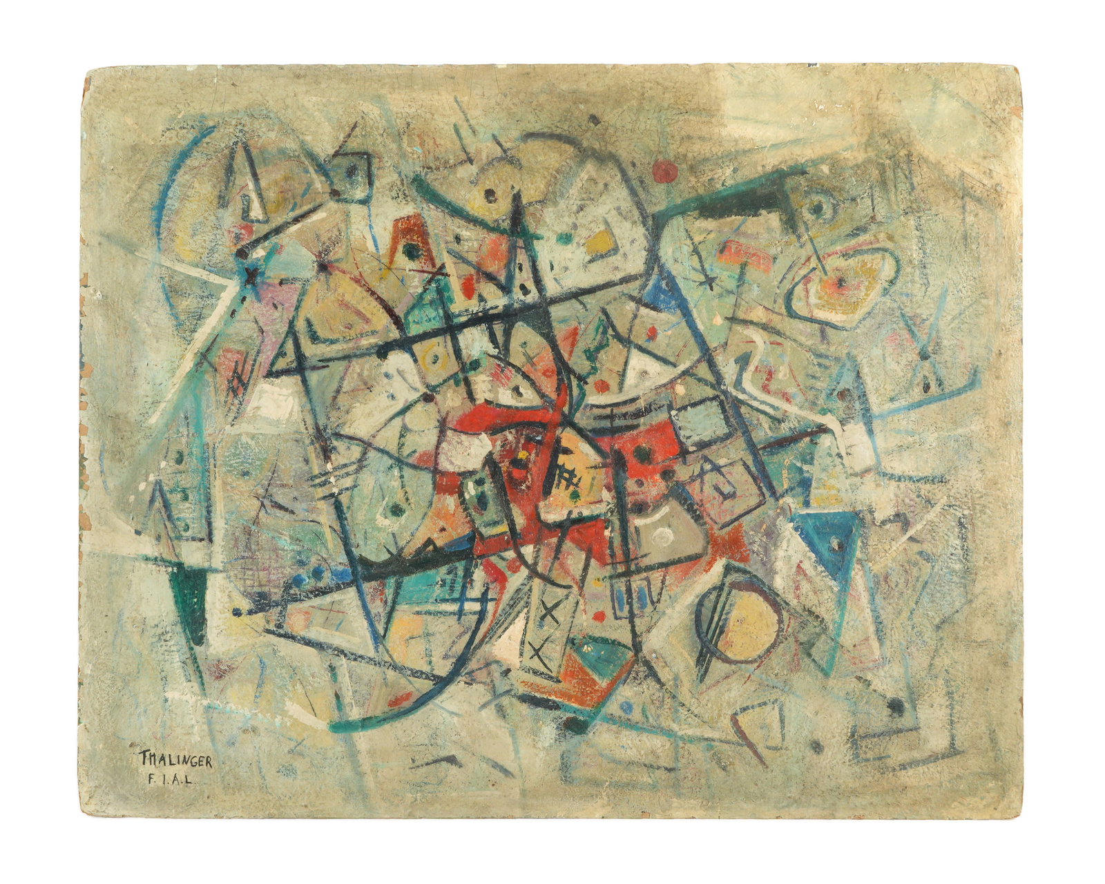 Oscar Thalinger Abstract Composition Painting: THALINGER, E. Oscar, (American, 1895-1965):Untitled abstract composition, Oil on Board, signed lower left and verso, 24" x 30". Condition: Craquelure, edge chips, could use a proper cleaning. From the
