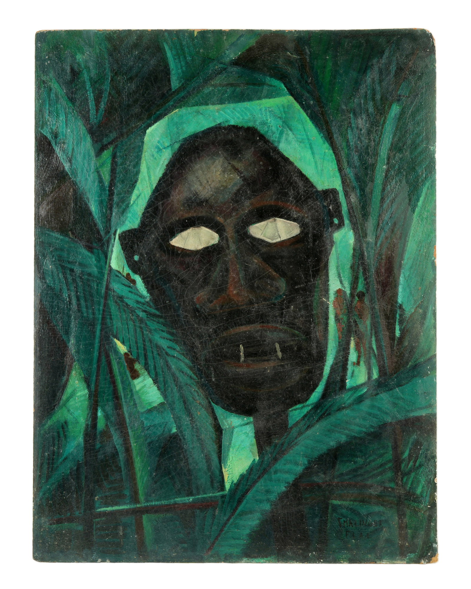 Oscar Thalinger African Mask in Jungle Painting: THALINGER, E. Oscar, (American, 1895-1965): Abstract depiction of a African mask in a jungle setting, Oil on Beaverboard, signed lower right and verso, 32" x 24". Condition: Craquelure, edge chips, co