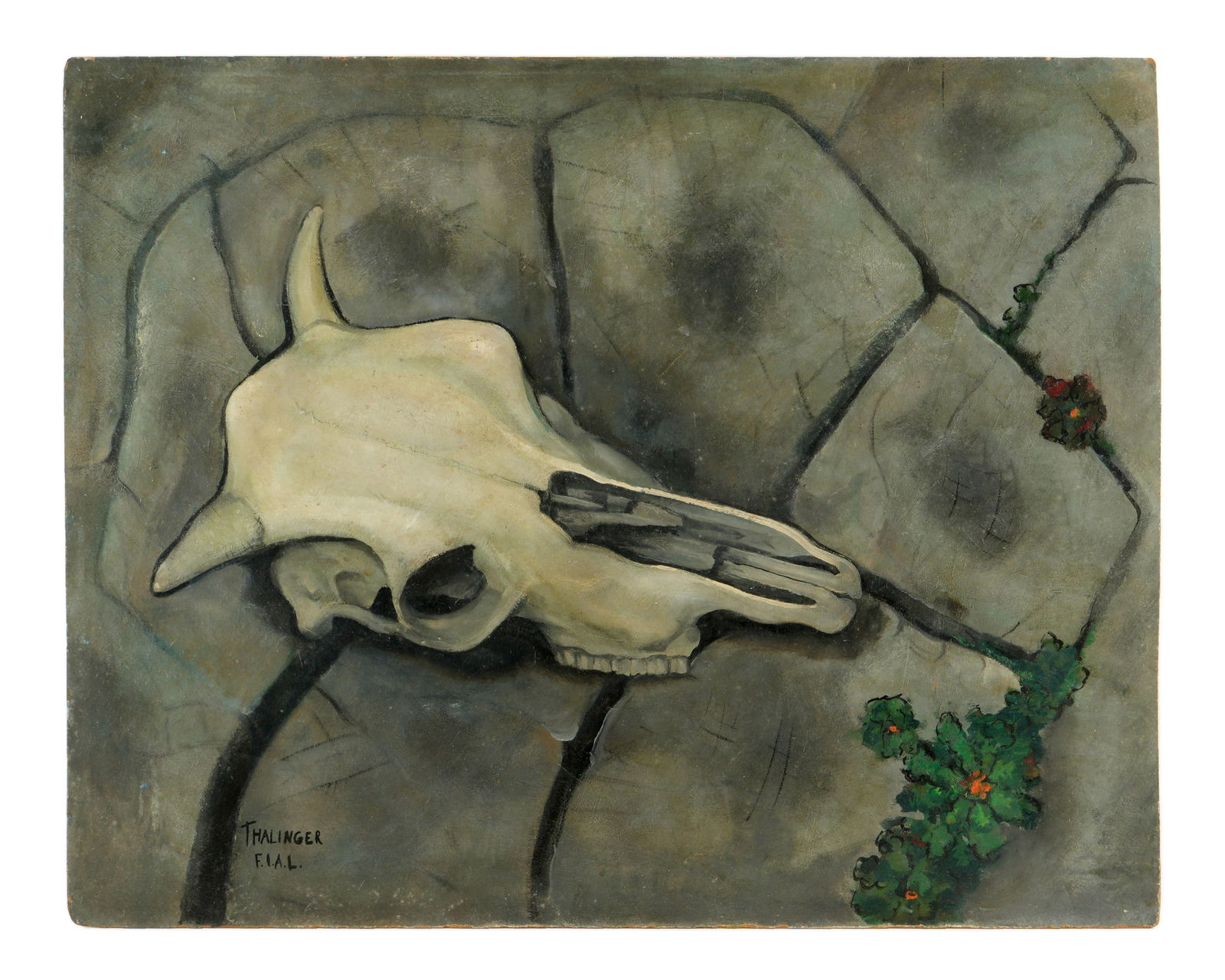 Oscar Thalinger Still Life with Cow Skull Painting: THALINGER, E. Oscar, (American, 1895-1965):Still life of cow skull on cobblestone road with flowers growing in the cracks, Oil on Masonite, signed lower left and verso, 24" x 30". Condition: Edge chip