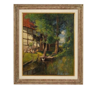 German Grobe Farmhouse with Chickens Painting