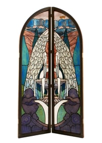 Large Leaded Stained Glass Two Panel Screen