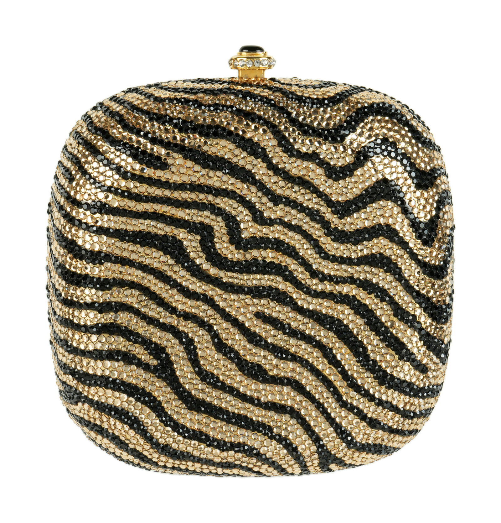 Katherine Baumann Crystal Beaded Clutch Purse: Gold and black tiger stripe design with applied crystal beads, push button clasp, gold toned metal strap. 5.25" x 4.75" x 2". Sold with leather dust bag.