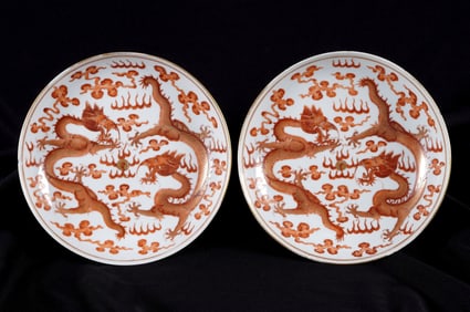 Pair Chinese Porcelain Iron Red Dragon Plates