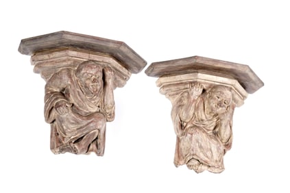 Pair Antique Carved Figural Monk Wood Sconces