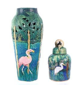 Two Martin Cushman Florida Faience Pottery Vases