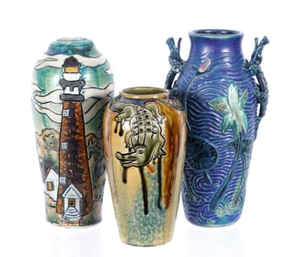 Three Martin Cushman Florida Faience Pottery Vases