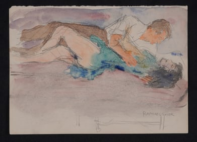 Raphael Soyer Double Figures in Bed Watercolor