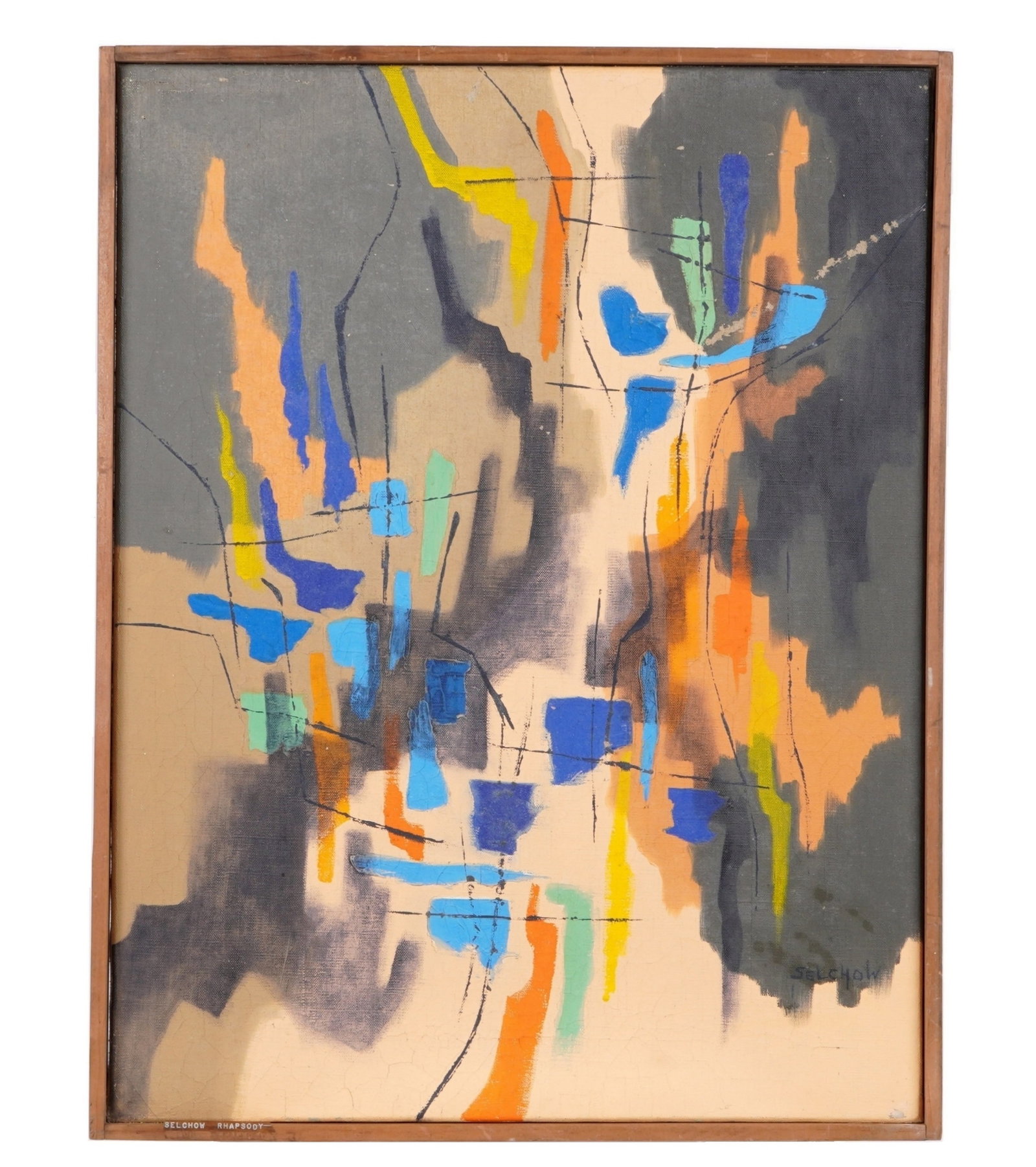 Roger Selchow Rhapsody Abstract Composition: SELCHOW, Roger, (American, 1911-1994): "Rhapsody", aka "COMPOSITION VP 16", Oil on Canvas, signed lower right, signed and titled verso on stretcher, 25.5" x 19.5", framed 26.5" x 20.5". Condition: Cra