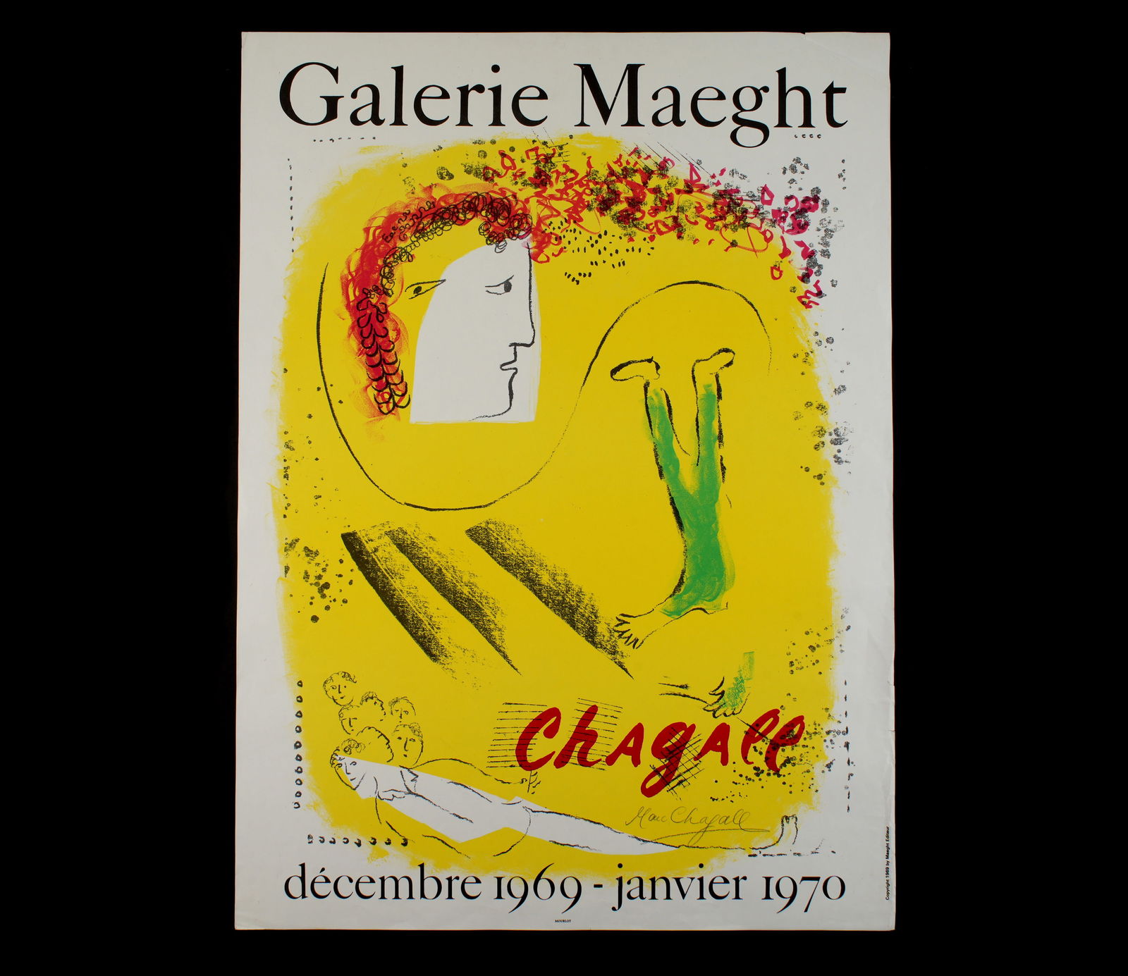 Marc Chagall Signed Galerie Maeght Poster 1969-70: 1969 - 1970 exhibition poster for Galerie Maeght, Lithograph in Colors on Paper, pencil signed by Marc Chagall lower right, sheet size 30.75" x 22.5". Condition: Edge creases. From the Alexander Raydo