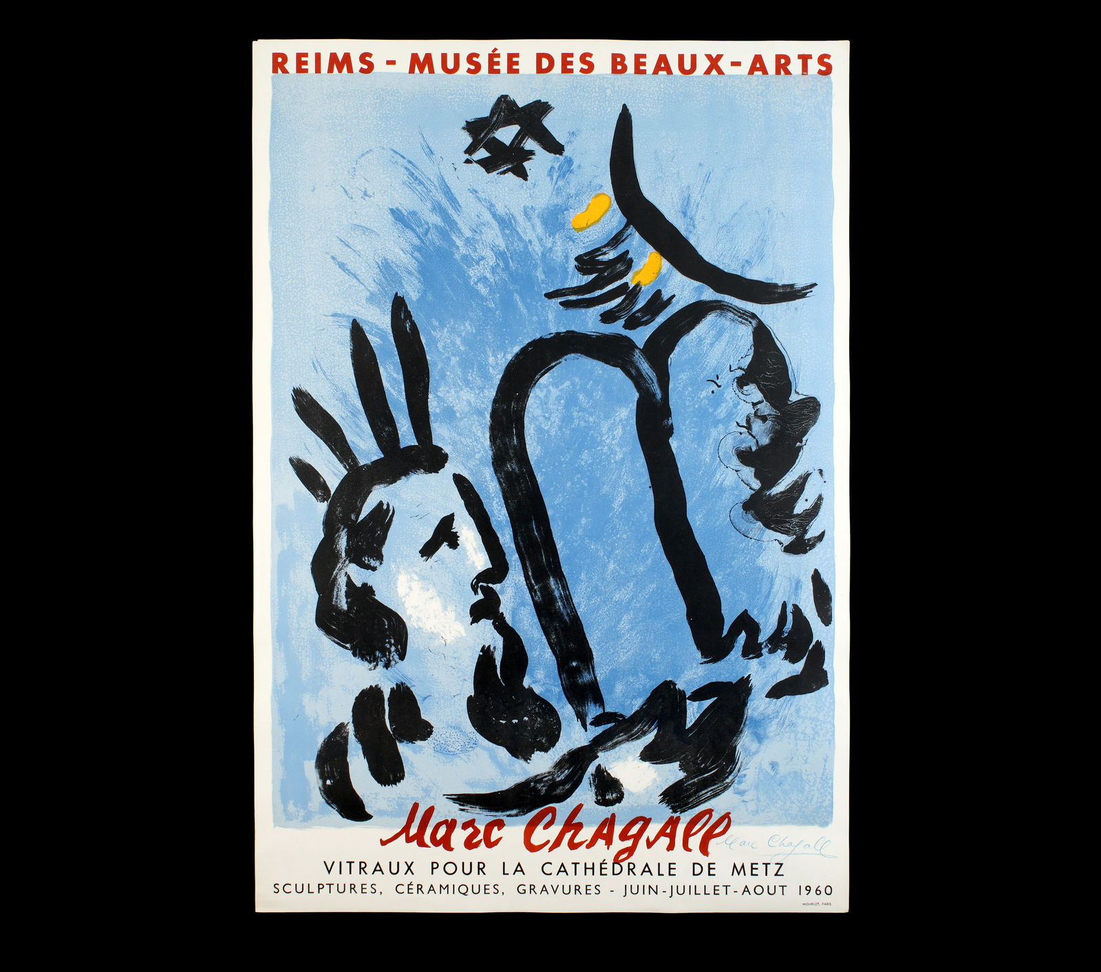 Marc Chagall Signed 1960 Musee Beaux-Arts Poster: 1960 Musee des Beaux-Arts exhibition poster, Lithograph in Colors on Paper, crayon signed by Marc Chagall lower right, sheet size 30.75" x 21". Condition: Minor chips and dings to corners. From the Al
