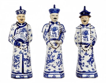 Three Chinese Blue and White Fu Lu Shao Figures