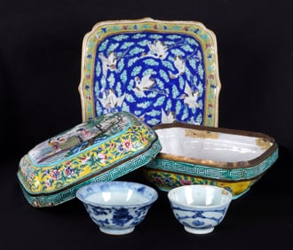 Four Piece Chinese Bowls, Compote, Enamel Box