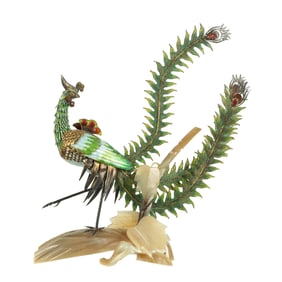 Chinese Enameled Silver Phoenix Bird on Horn