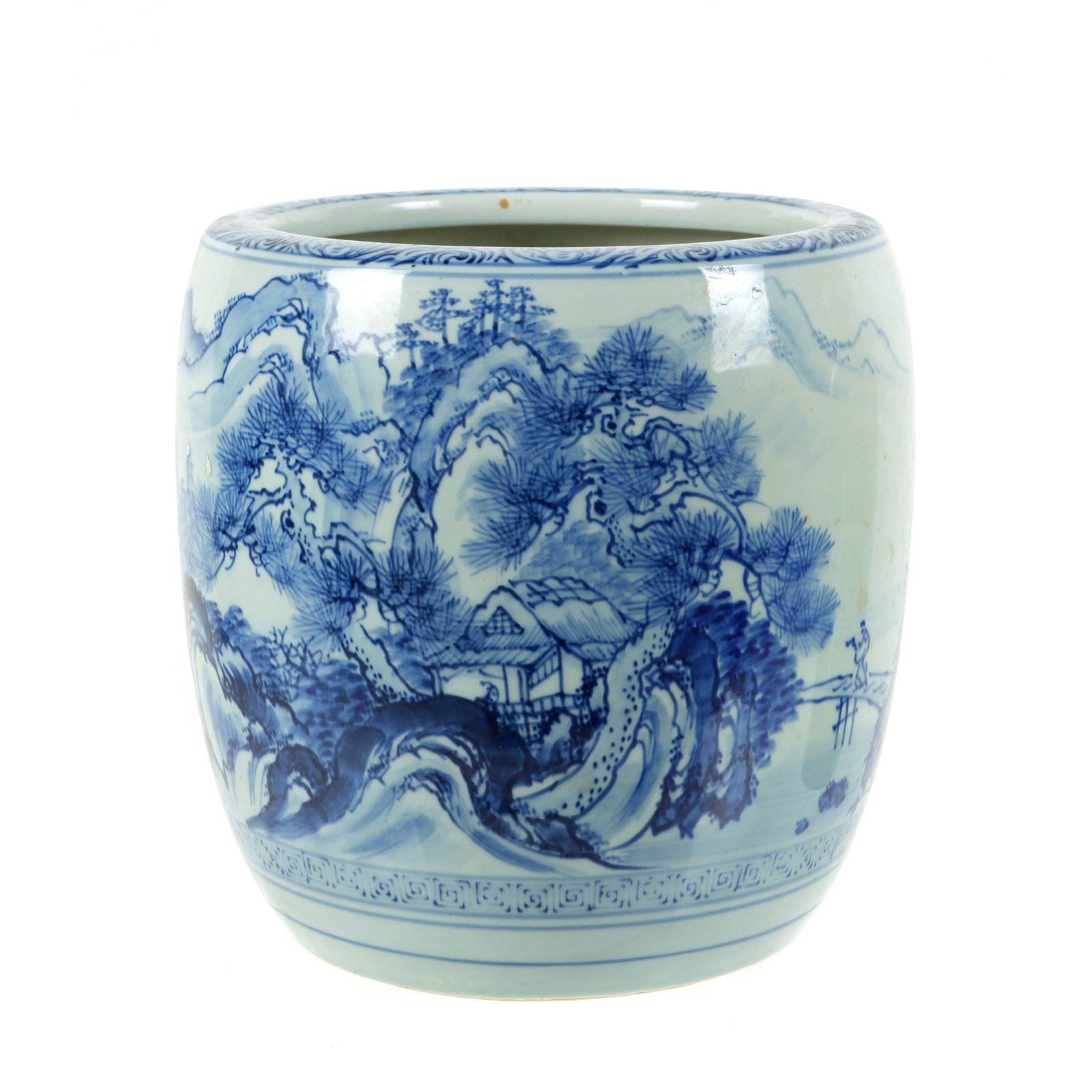 Chinese Porcelain Blue & White Decorated Planter: Blue and white decorated with landscape and figures, marked on lower side, overall 9.5" h. x 9.5" dia. Condition: Several glaze chips.