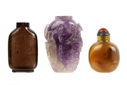 3 Chinese Amethyst, Stone, and Glass Snuff Bottles