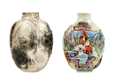 2 Piece Hair Quartz and Famille Rose Snuff Bottles