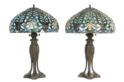 Pair Tiffany Style Leaded Glass Lamps