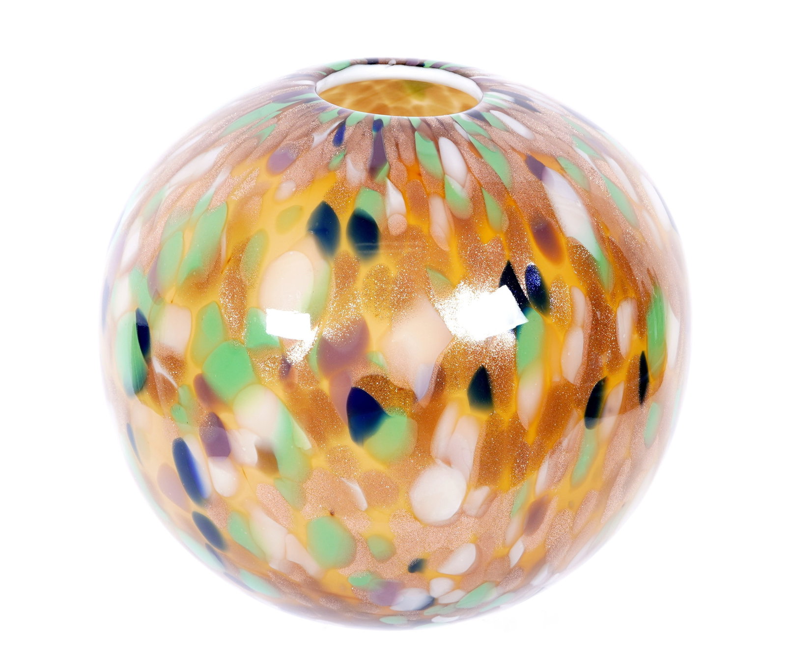Venetian Murano Mid Century Modern Glass Vase: Globular form vase with aventurine and polychrome glass, unsigned, 10.75" h. x 11.75" dia.