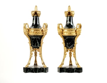 Pair French Bronze Dore Mounted Marble Cassoulettes