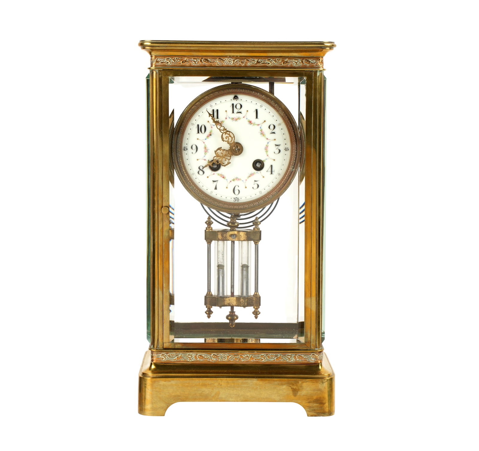 Samuel Marti for Tiffany Crystal Regulator Clock: Brass case with beveled glass windows, enamel dial with Arabic numerals, painted floral garland. Time and gong strike movement marked with Samuel Marti medallion, stamped with retailer Tiffany & Co.,