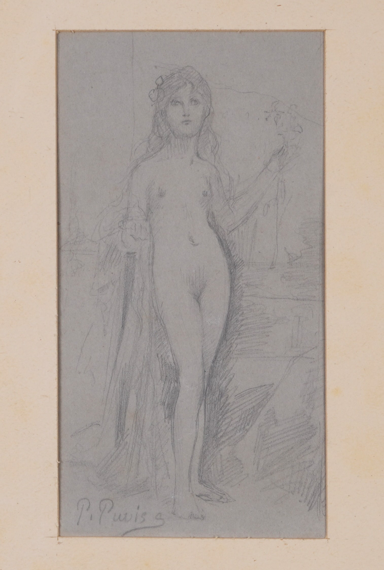Pierre Puvis Pencil Sketch of Nude Woman: PUVIS de CHAVANNES, Pierre, (French, 1824-1898): Sketch of a nude woman holding flowers, Pencil / Graphite on Paper, signed lower left, unfinished sketch verso, 7.75" x 4.5", archival taped to mat 13"