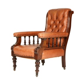 Victorian Walnut Brown Leather Arm Chair