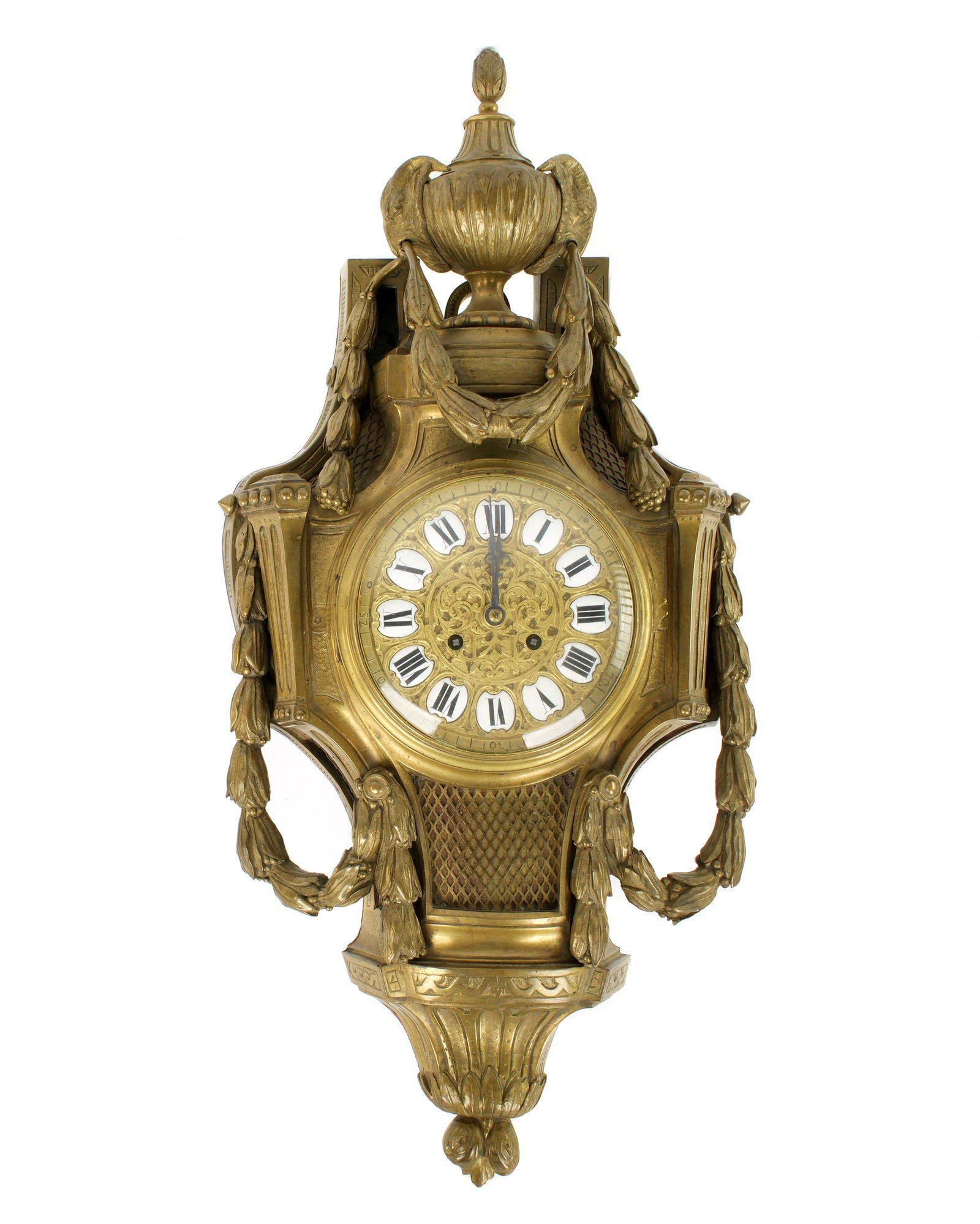 French Samuel Marti Gilt Bronze Cartel Clock: Gilt bronze Louis XVI style case with trailing bellflower swags. Dial with enamel Roman numeral cabochons, chapter ring with Arabic numerals. Samuel Marti stamped time and bell strike movement, replac