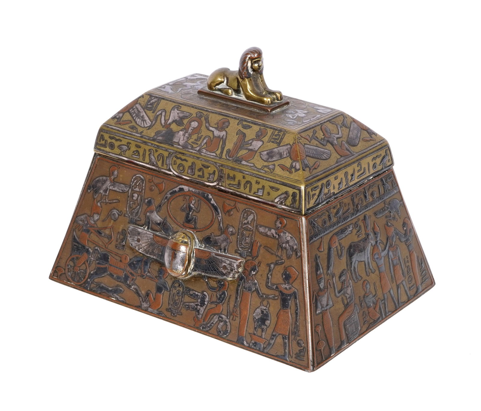 Egyptian Revival Silver Bronze Jewelry Casket: Of sarcophagus form, Egyptian revival motif dresser or jewelry casket with hinged lid, sphinx finial applied scarab beetles, silvered and polychrome accents and hieroglyphs. Wood lined interior, illeg