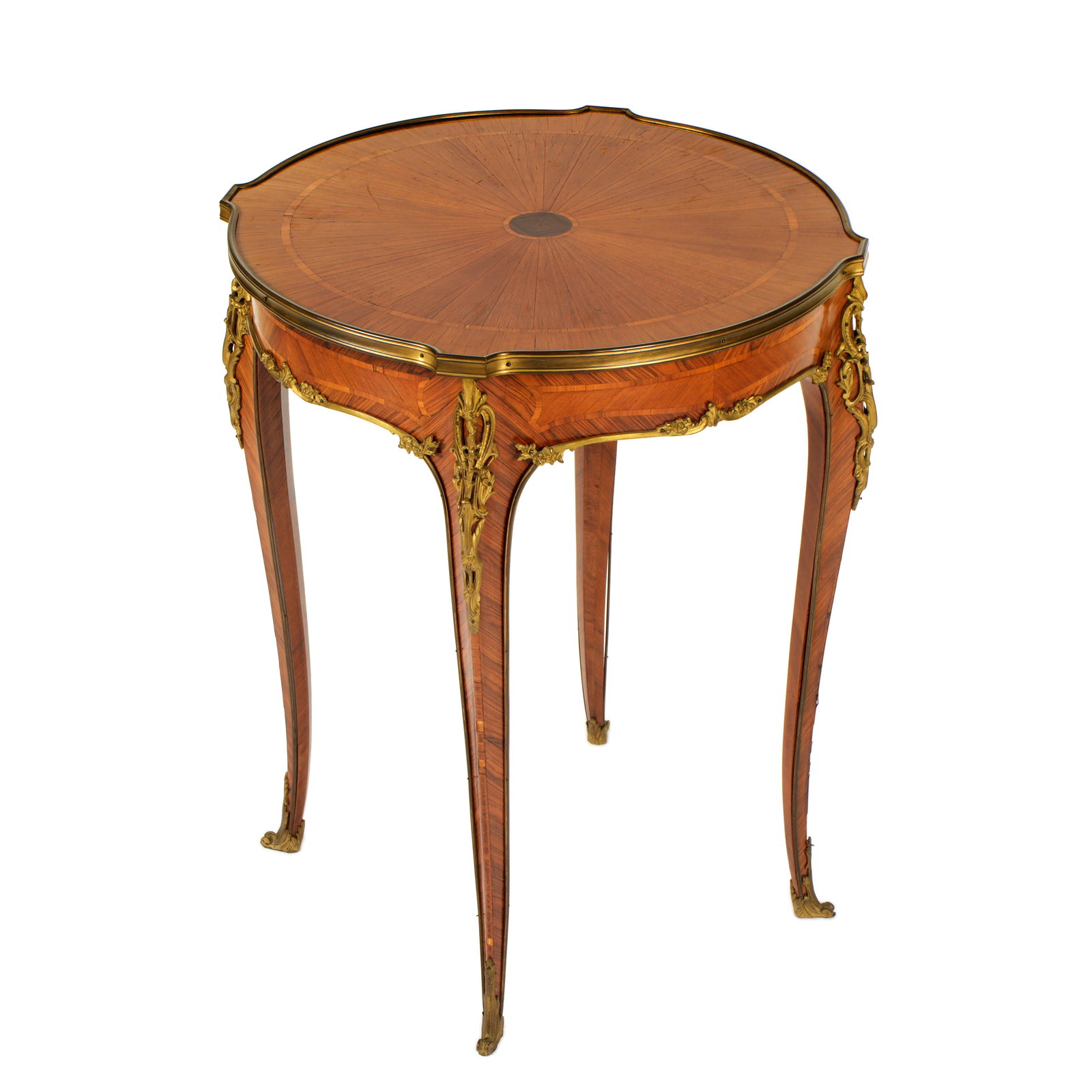 French Parquetry Inlaid Hall Center Table: Top with center medallion with radiating parquetry inlay, brass trim, shaped legs, gilt metal accents and feet. Overall 29.5" h. x 24". Condition: Veneer chips and losses. From Duck & dolphin antiques