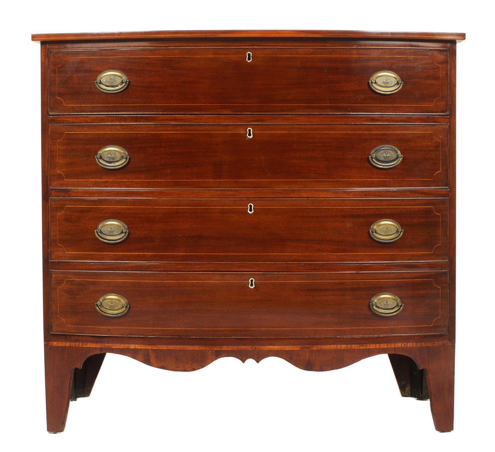 American Mahogany Hepplewhite Bowfront Dresser: Sold with copy of receipt for $5000. Bowfront top, string inlay trim, over four conforming drawers with matching string inlay, shaped apron, on bracket feet. Previously purchased at Douglas Jenkins An