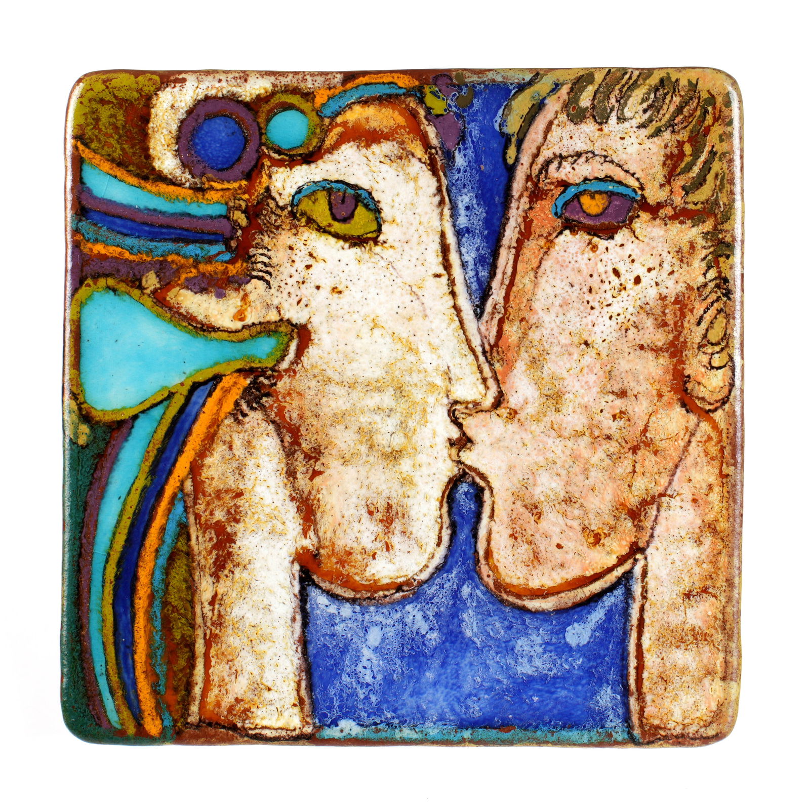Querubim Lapa Lovers Ceramic Wall Plaque: LAPA DE ALMEIDA, Querubim, (Portuguese, 1925-2016): Polychrome decorated ceramic tile depicting two lovers kissing, signed on side, marked on back LISBOA and numbered 4092. 12" x 12" x 1.5". Condition