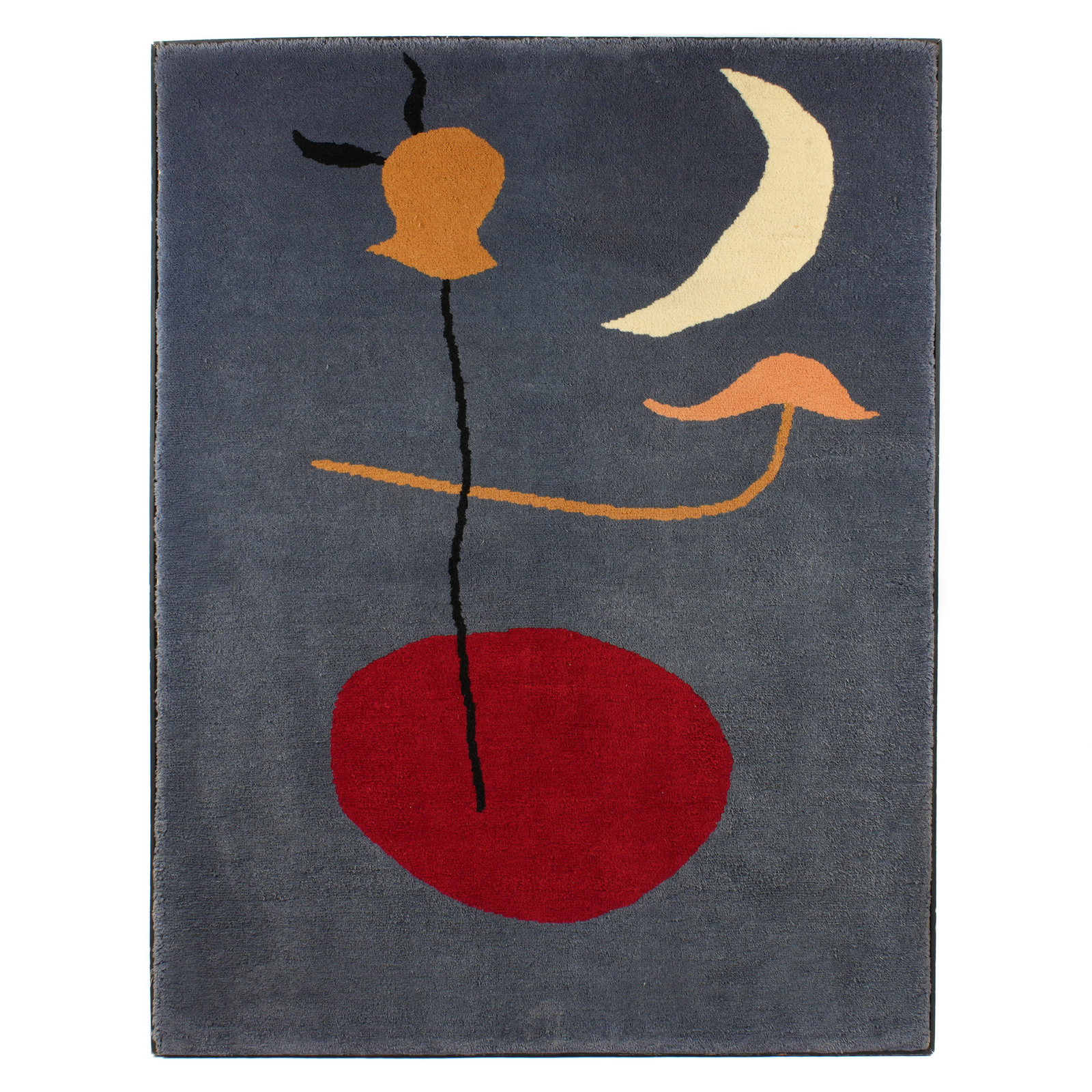 Early Joan Miro Spanish Dancer Wall Rug / Tapestry: Circa 1965, hand woven Wall Rug / Tapestry, signed with embroidered J MIRO to bottom edge verso. Sight size 78" x 60". Mounted to wooden stretcher and framed 79.5" x 61.5".