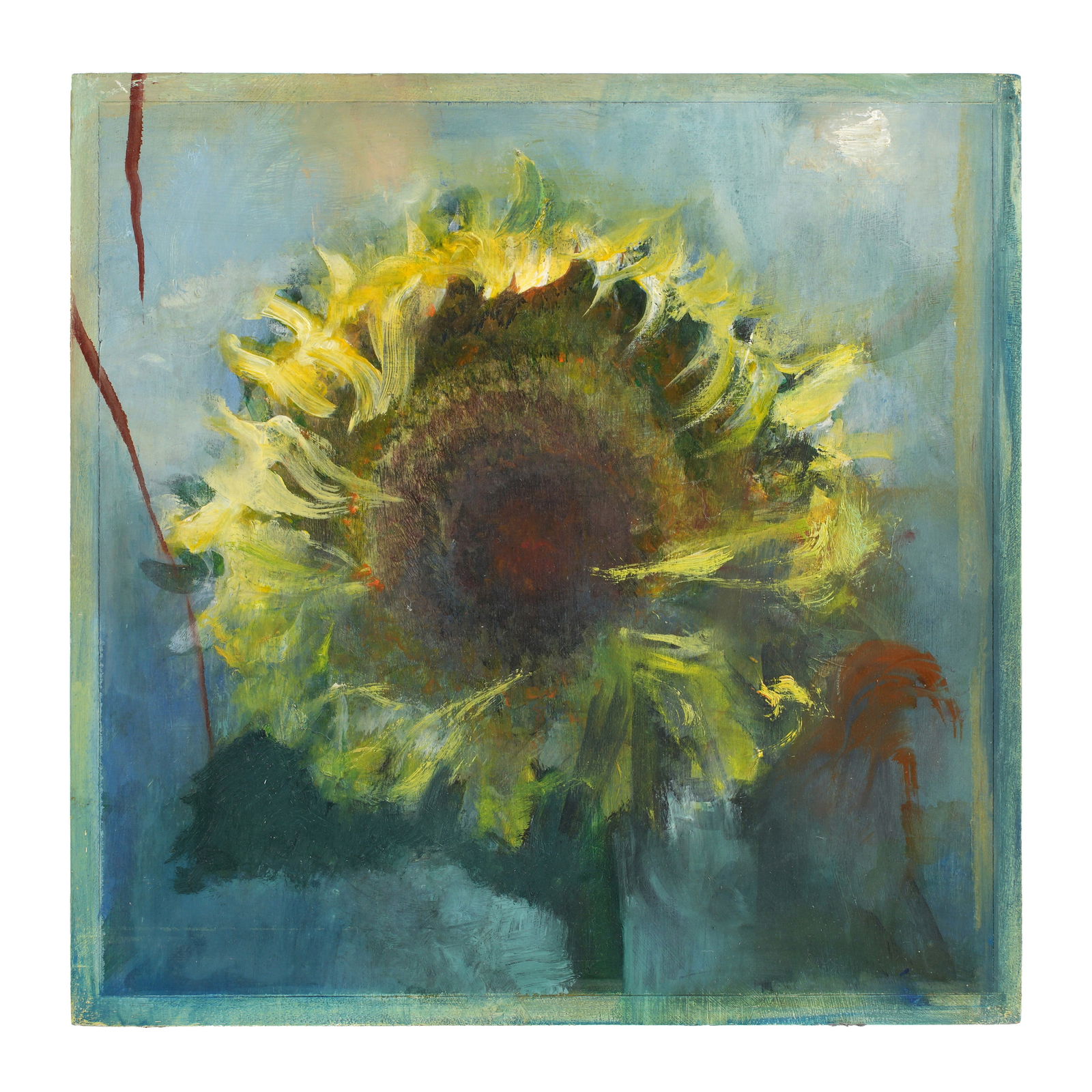 Michael Mazur Sunflower Study Painting: MAZUR, Michael, (American, 1935-2009): "Sunflower Study", Oil on Wood Panel, signed, titled, and dated '91 verso, older auction label verso, 12" x 12".