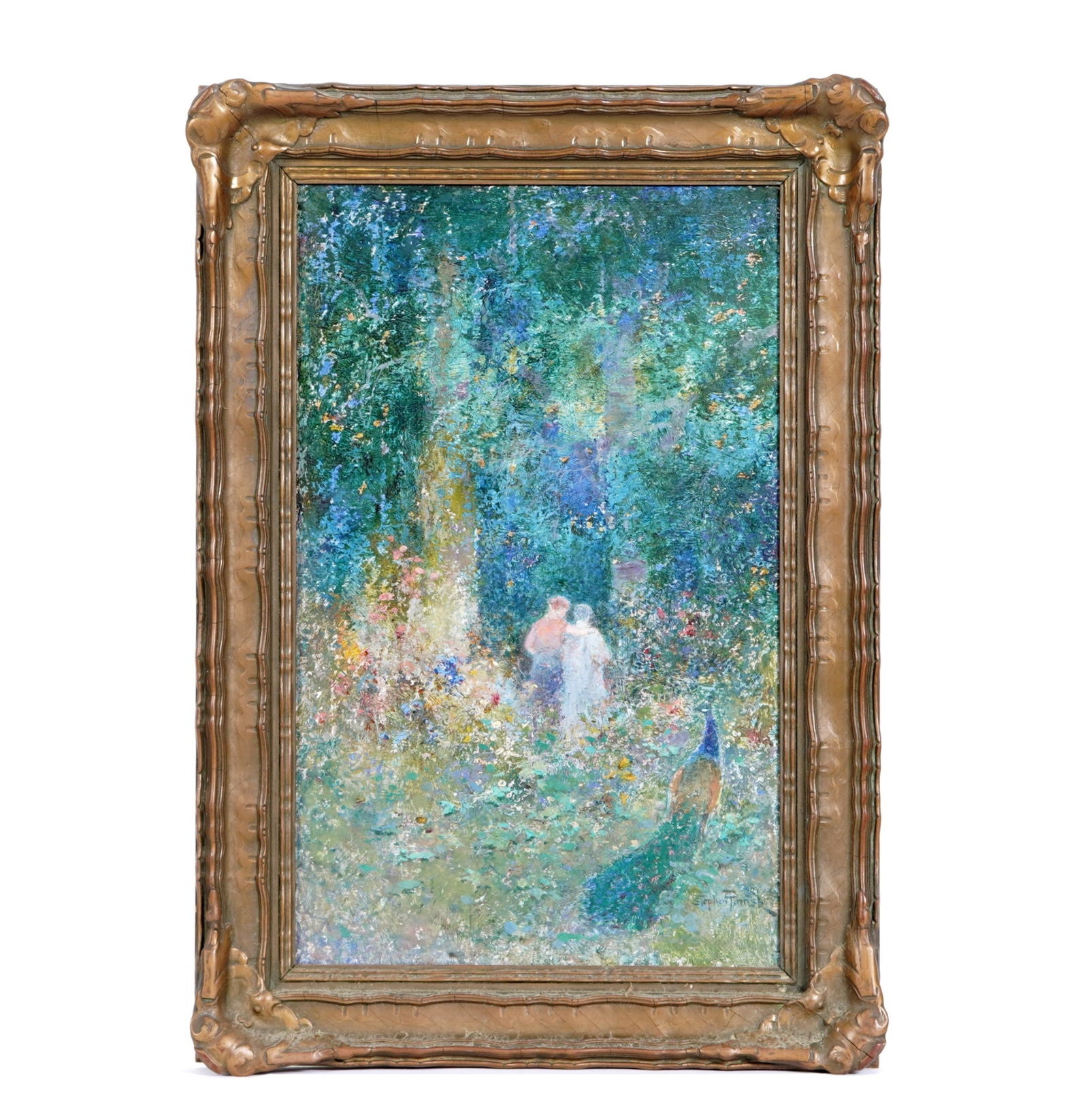 Stephen Parrish Forest with Figures and Peacock: PARRISH, Stephen Maxfield, (American, 1846-1932): Impressionist forest landscape with figures and a peacock, Oil on Board, signed lower right, 16" x 10", framed 19.75"x 13.75".