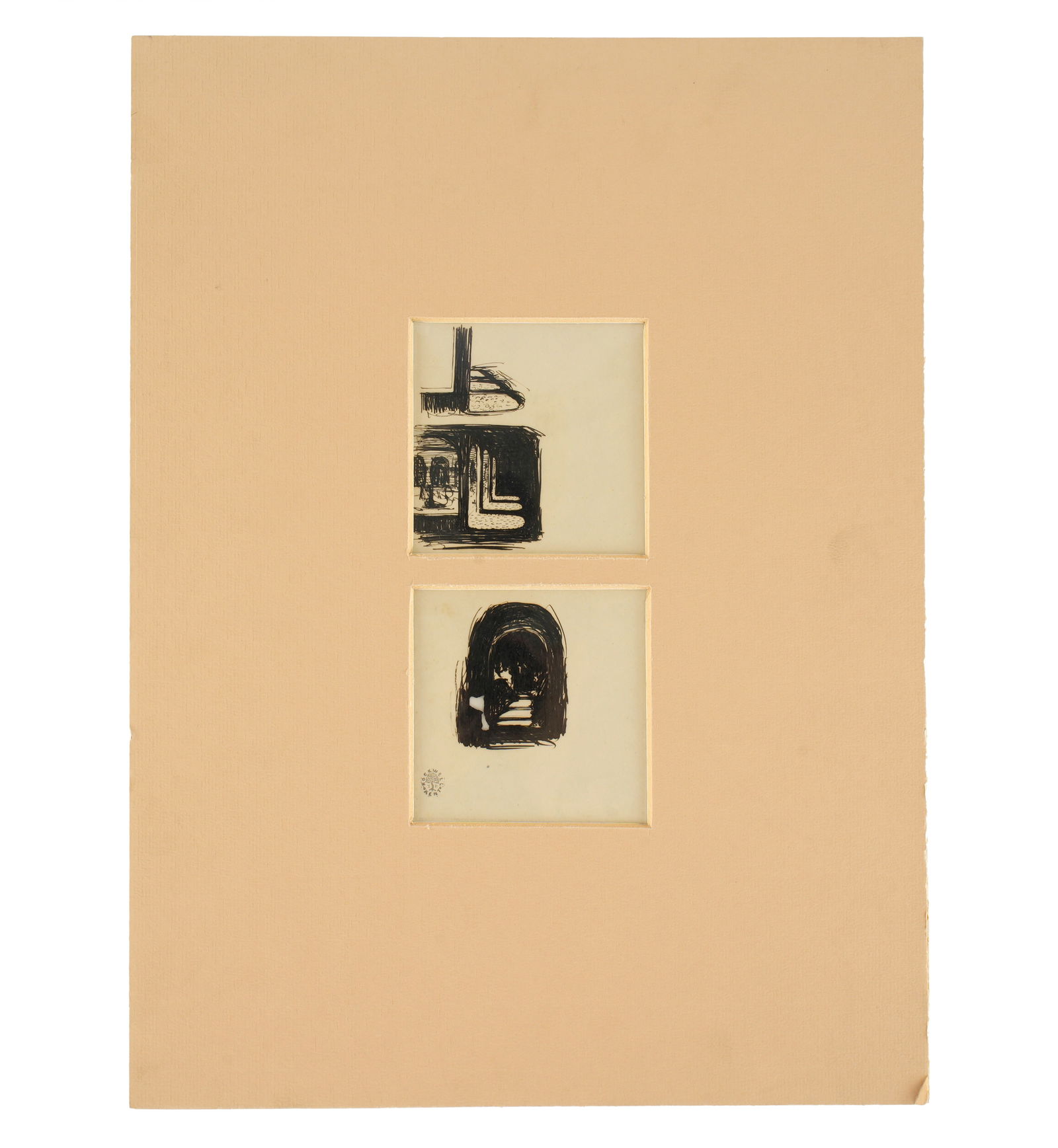 Rockwell Kent Architectural Pen & Ink Studies: KENT, Rockwell, (American, 1882-1971): Two architectural studies of colonnade and stairs in tunnel, Pen and Ink on paper, bears Rockwell Kent stamp, page size 7.75" x 4.75" hinge mounted in plastic to