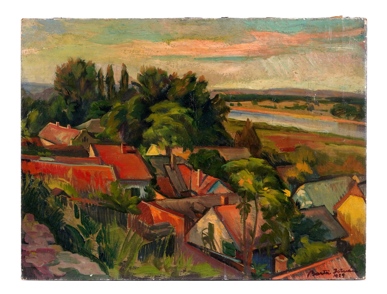 1929 Istvan Barta Landscape with Houses: BARTA, Istvan, (Hungarian, 1892-1976): Impressionist landscape with trees and buildings, Oil on Canvas, signed and dated 1929 lower right, 19.25" x 25", unframed. Condition: Craquelure, minor scattere