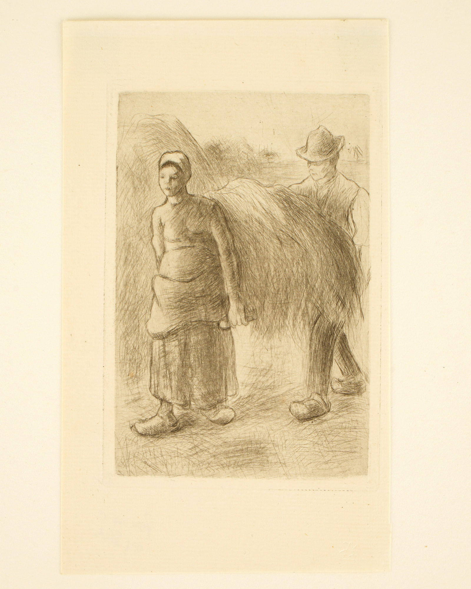 Camille Pissarro Paysans Portant du Foin Etching: PISSARRO, Camille, (French, 1830-1903): "Paysans Portant du Foin (Peasants Carrying Hay)", Etching on Paper, unsigned, impression size 5 3/4" x 3 1/8", paper size 6 1/4" x 3 3/4". From the Alexander R