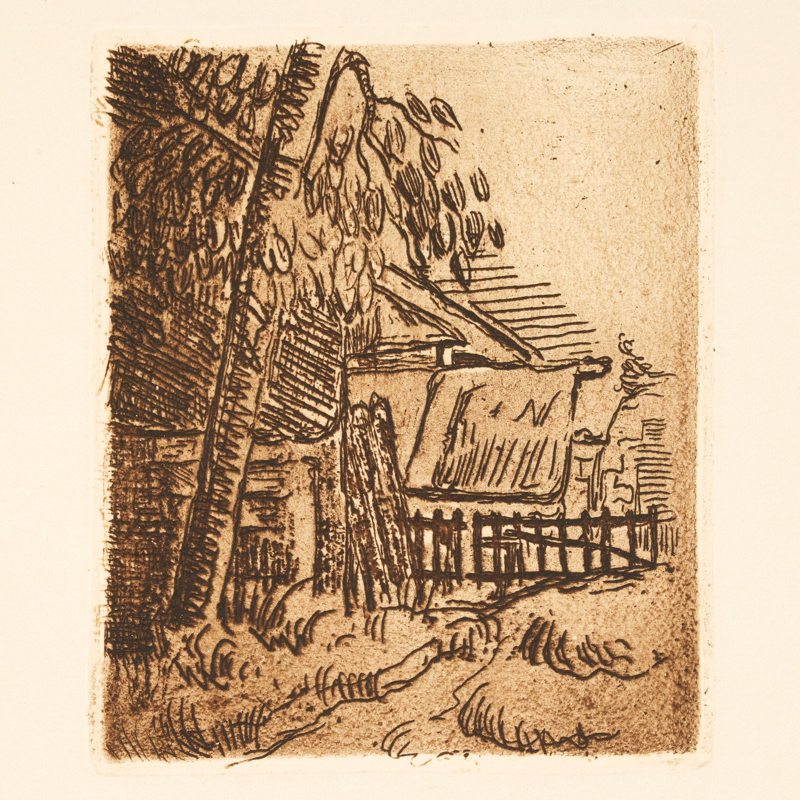 Paul Cezanne Paysage a Auvers Drypoint Etching: CEZANNE, Paul, (French, 1839-1906): "Paysage a Auvers", landscape with leaning tree and farmhouse, Etching on Paper, impression size 5 1/4" x 4 1/2", sheet size 13" x 10". From the Alexander Raydon Ga