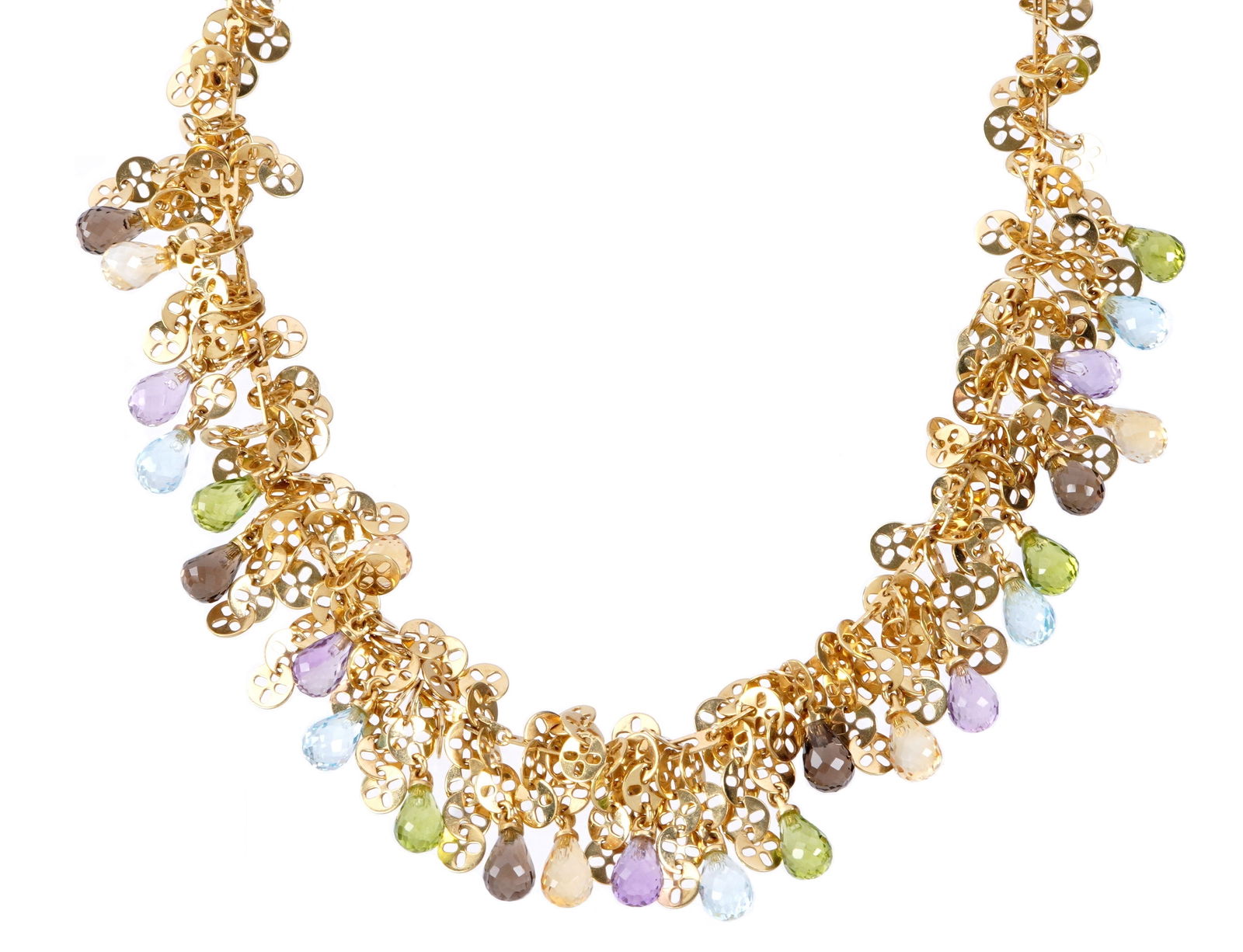 Chimento 18k Gold and Multi Stone Drop Necklace: 18k yellow gold necklace with linked gold medallions and faceted multi stone drops, well marked on clasp. Overall 19" long. Approx. 40 grams inclusive of stones.