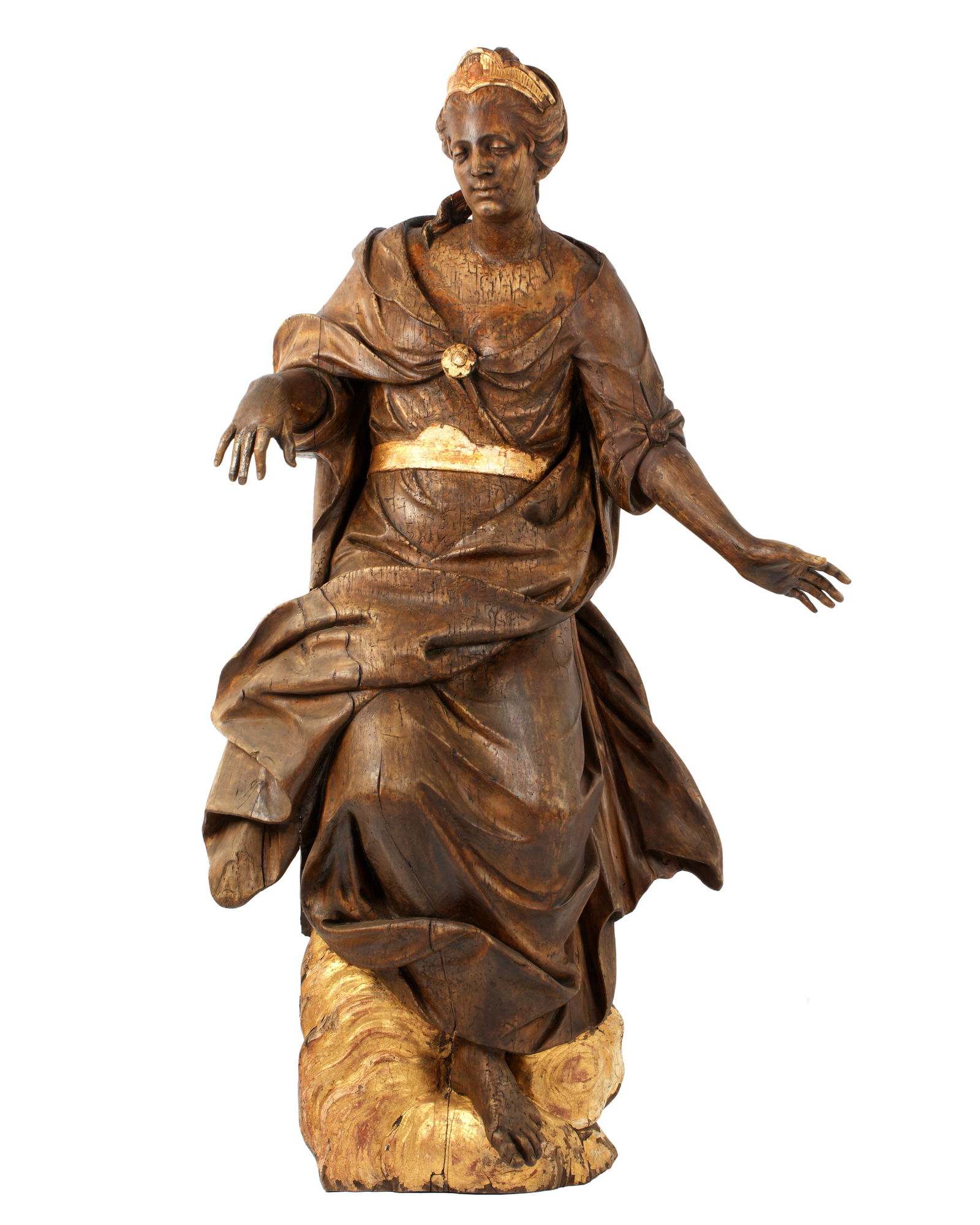 Large 18th/19th Century Assumption of Mary Carving: Continental school carved figure depicting the Assumption of Mary, parcel gilt and paint decorated accents. Overall approx. 67" h. x 41" x 14". Condition: Cracks and repairs. Chips and losses to paint